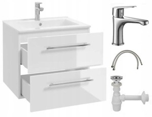 Szafka łazienkowa z umywalką 50x50 wisząca biała Pinia z baterią chrom wydłużoną