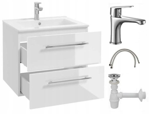 Szafka łazienkowa z umywalką 60x50 wisząca biała Pinia z baterią chrom wydłużoną