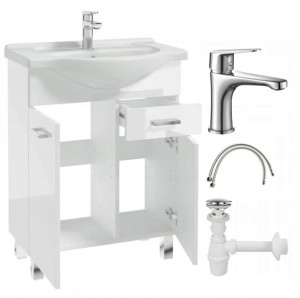 Szafka łazienkowa z umywalką na nóżkach 85x65 stojąca biała Mea z baterią chrom wydłużoną