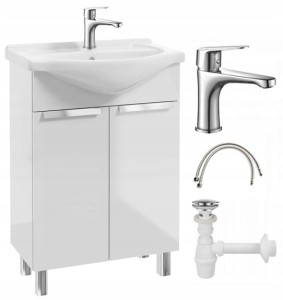 Szafka łazienkowa z umywalką na nóżkach 85x60 stojąca biała Lily z baterią chrom wydłużoną