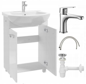 Szafka łazienkowa z umywalką na nóżkach 85x60 stojąca biała Mila z baterią chrom wydłużoną