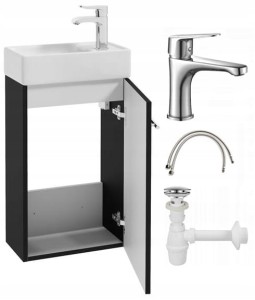Szafka łazienkowa z umywalką wisząca czarna 40x60 Small z baterią chrom wydłużoną