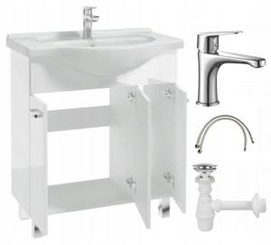 Szafka łazienkowa z umywalką na nóżkach 84x75 stojąca biała Mea z baterią chrom wydłużoną