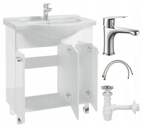 Szafka łazienkowa z umywalką na nóżkach 84x75 stojąca biała Mea z baterią chrom wydłużoną