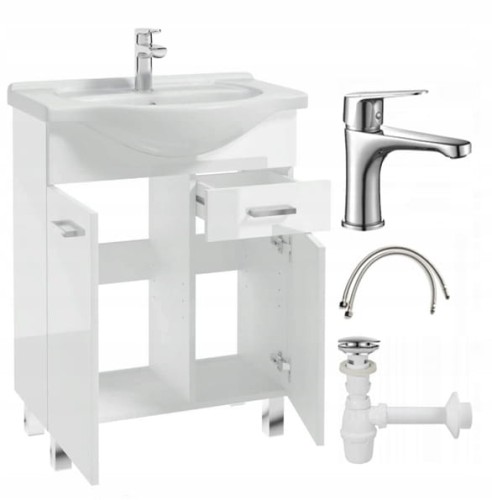 Szafka łazienkowa z umywalką na nóżkach 85x55 stojąca biała Mea z baterią chrom wydłużoną