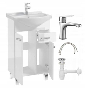 Szafka łazienkowa z umywalką na nóżkach 85x50 stojąca biała Mea z baterią chrom wydłużoną