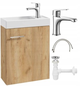 Szafka łazienkowa z umywalką wisząca dąb craft 50x70 Small i bateria chrom wydłużona