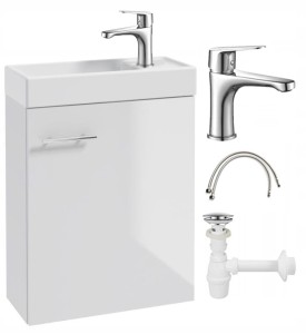 Szafka łazienkowa z umywalką wisząca biały połysk 50x70 Small i bateria chrom wydłużona