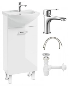 Szafka łazienkowa z umywalką biały połysk 40x84 na nóżkach Mea z baterią chrom wydłużoną