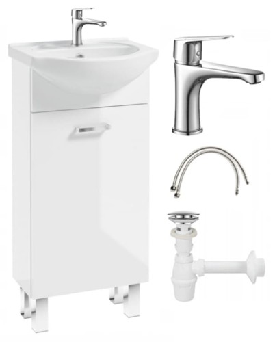 Szafka łazienkowa z umywalką biały połysk 40x84 na nóżkach Mea z baterią chrom wydłużoną