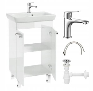 Szafka łazienkowa z umywalką biały połysk stojąca 55x80 Capri z baterią chrom wydłużoną