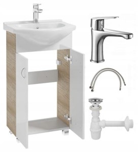 Szafka łazienkowa z umywalką stojąca dąb 50x86 Tim z baterią chrom wydłużoną