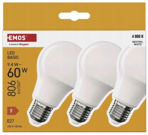 Zestaw 3 żarówek energooszczędnych LED E27 neutralna biel 9,4 W 806 lm