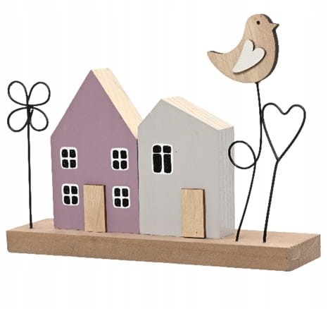 Stojąca figurka drewniana domki z ptakiem i kwiatami 16x12cm 