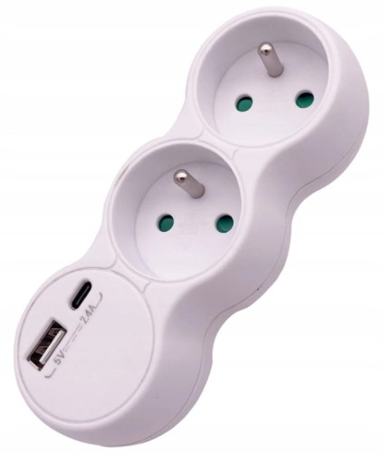 Rozgałęźnik elektryczny 2x2P+Z + USB typ A i C 2,4A Biały