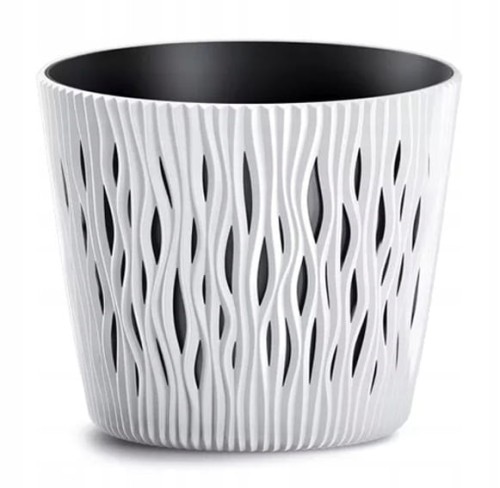 Doniczka biała żłobiona 18,9x16,5 cm plastikowa elegancka osłonka Sandy Round