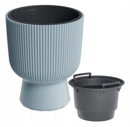 Doniczka szara prążkowana na nóżce plastikowa 23,9x30,5 cm osłonka Milly