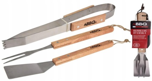 Zestaw akcesoriów do grilla 3w1 - Stal nierdzewna z drewnianą rączką