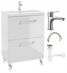 Zestaw Szafka łazienkowa z umywalką baterią i syfonem 50x80cm Stojąca Biały połysk Cassandra