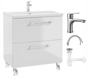 Zestaw Szafka łazienkowa z umywalką baterią i syfonem 80cm Stojąca biały połysk Cassandra