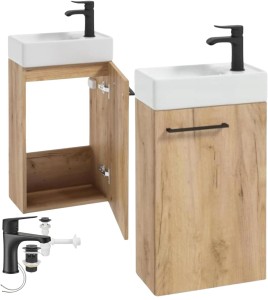 Szafka łazienkowa wisząca z umywalką 60x40 dąb craft i czarną baterią Small