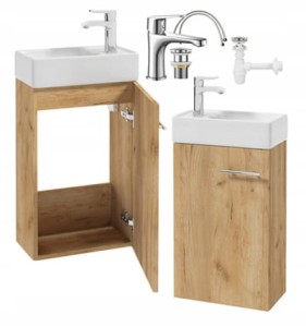 Zestaw Szafka łazienkowa z umywalką 68x40cm wisząca dąb craft i baterią wydłużoną Small