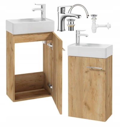 Zestaw Szafka łazienkowa z umywalką 68x40cm wisząca dąb craft i baterią wydłużoną Small
