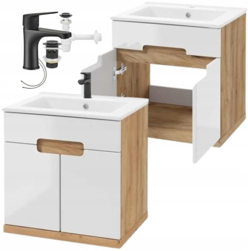 Zestaw szafka łazienkowa z umywalką 60x50 Wisząca dąb craft i czarną baterią Ronda