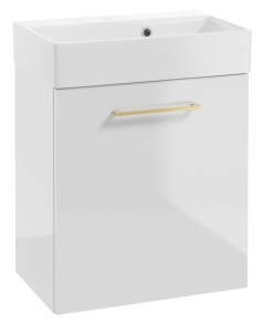 Szafka łazienkowa wisząca z umywalką 60x50cm Biały połysk uchwyt złoty Elara