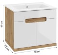 Szafka łazienkowa z umywalką baterią i półsyfonem 60x50 Wisząca dąb craft Ronda