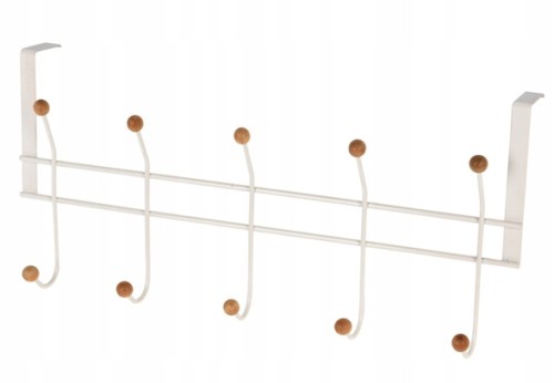 Wieszak na drzwi 10 haczyków 48x21cm Biały metalowy z drewnianymi gałkami