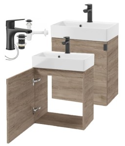 Szafka łazienkowa wisząca Dąb rockford, czarny uchwyt 60x50cm syfon i bateria Elara