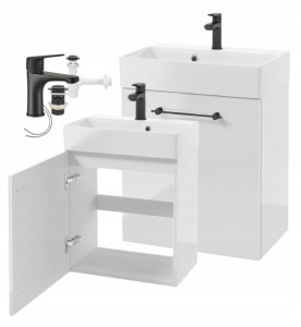 Szafka łazienkowa wisząca biały połysk, czarne uchwyty 60x50cm bateria i syfon Elara