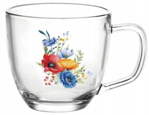 Szklany kubek 420ml do kawy i herbaty przeźroczysty z kwiatową ozdobą