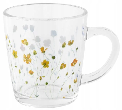 Kubek szklany 350ml z dekoracją w kaczeńce, idealny do herbaty i kawy