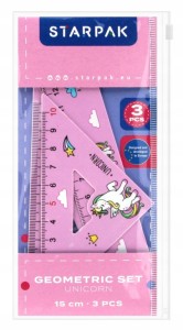 Zestaw geometryczny 3-elementowy linijka 15cm i 2 ekierki z jednorożcem