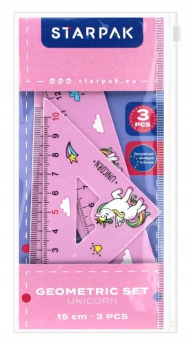 Zestaw geometryczny 3-elementowy linijka 15cm i 2 ekierki z jednorożcem