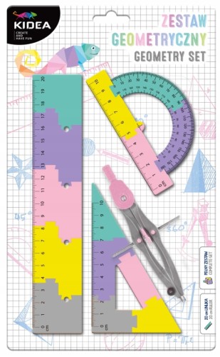 Zestaw geometryczny 4 elementowy linijka 20 cm, ekierka, kątomierz, cyrkiel