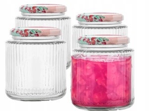 Zestaw 4 szklanych słoików 350 ml ryflowanych z zakrętkami i etykietami