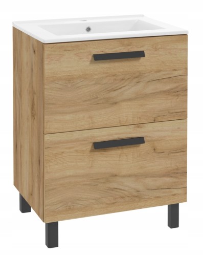 Szafka łazienkowa z umywalką 60 cm Dąb Złoty 2 szuflady, ciche domykanie Oria