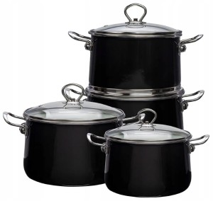 Zestaw 4 garnków z pokrywkami, czarne powłoka emaliowana na indukcje i gaz