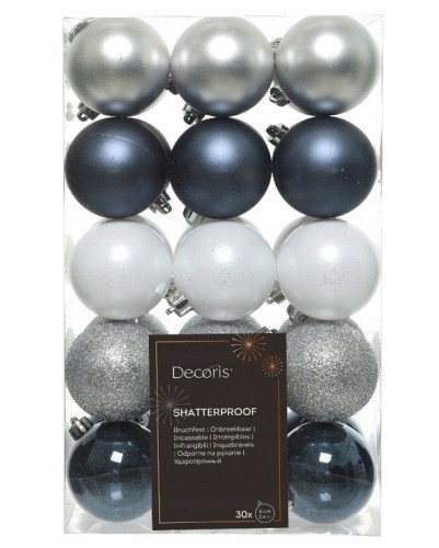 Zestaw 30 bombek choinkowych 6 cm nietłukących granatowe srebrne białe