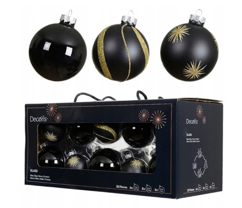Zestaw 20 Szklanych Bombek Choinkowych Czarne Dekorowane Mix 5/6/7cm