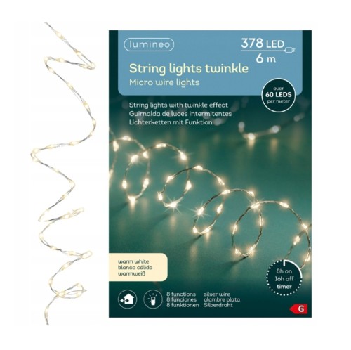 Lampki choinkowe światełka ciepły biały LED 378 diod drucik 6m