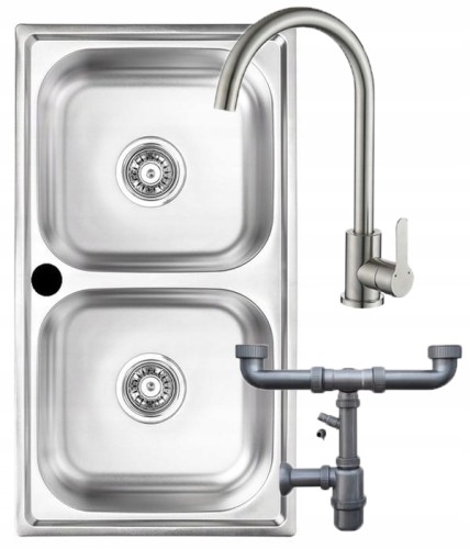 Zlewozmywak wpuszczany dwukomorowy 78x43 cm stalowy z baterią i syfonem