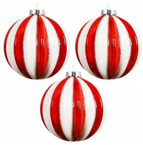 Bombki choinkowe 3 szt. szklane biało-czerwone żłobione 8 cm wysoka jakość