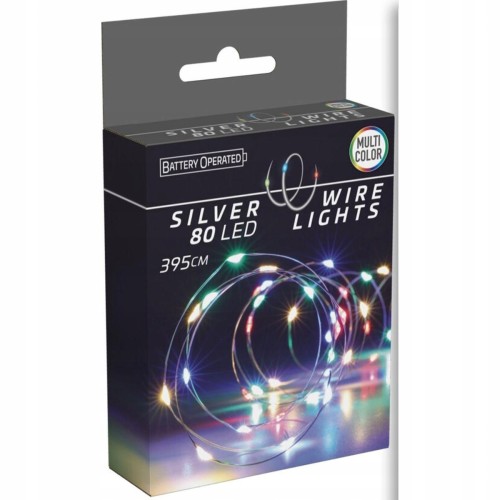 Lampki choinkowe na druciku kolorowe na baterie 80 diod LED 395 cm