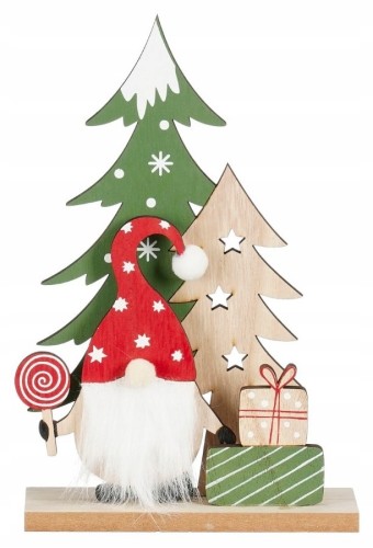 Dekoracja świąteczna 15x1x23 cm drewniany skrzat z choinkami i prezentami