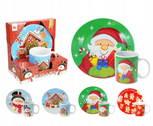 Zestaw świąteczny kubek i talerzyk mikołaj bałwan ciastek domek 325ml 20cm