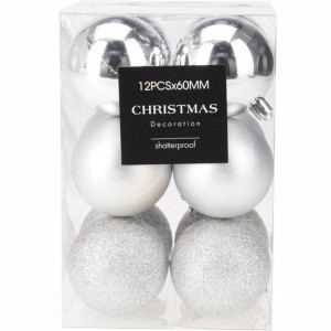 Bombki choinkowe zestaw 12 szt. srebrne 6 cm mic brokat, lustro, błysk